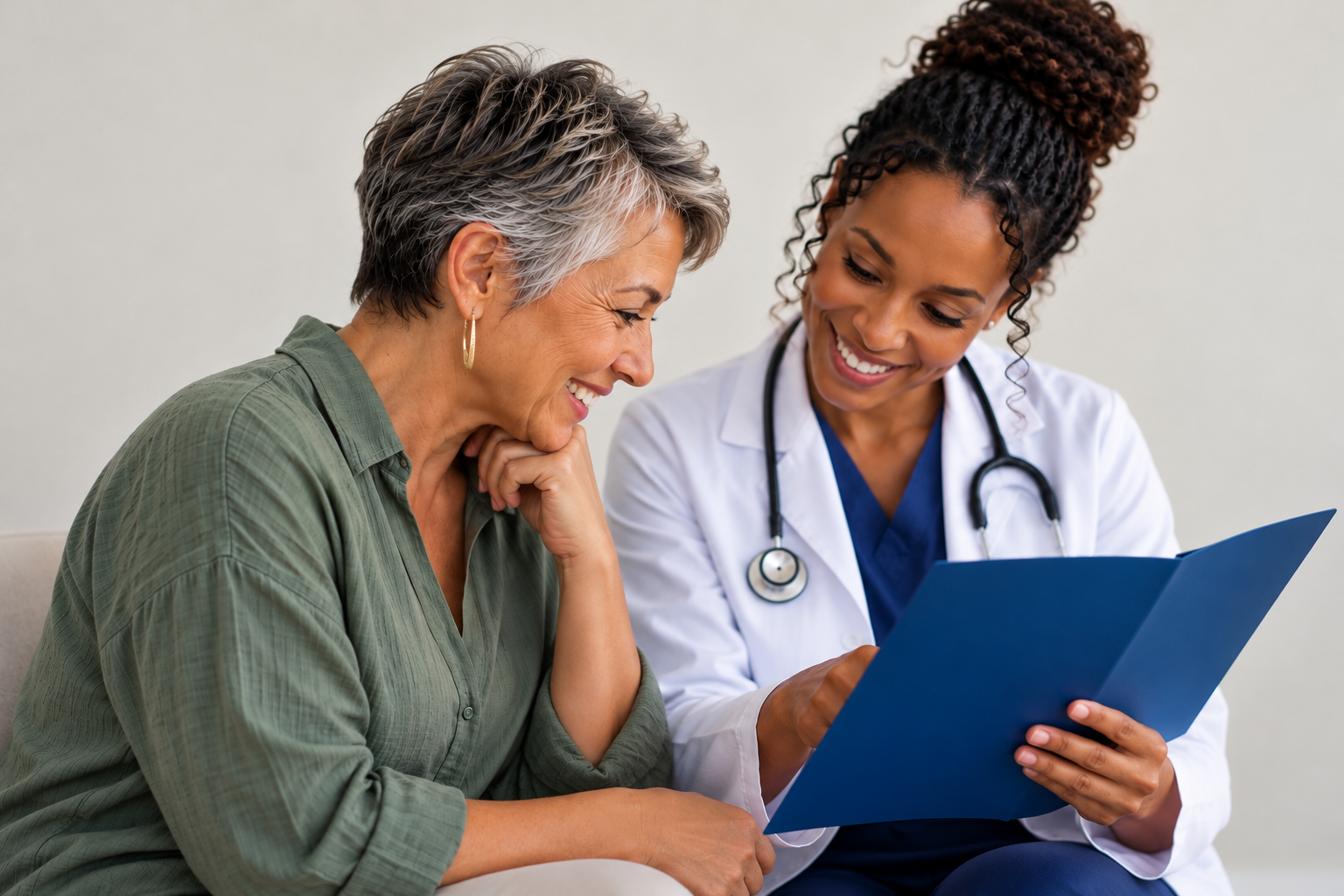 A patient and her clinician reviewing a report together