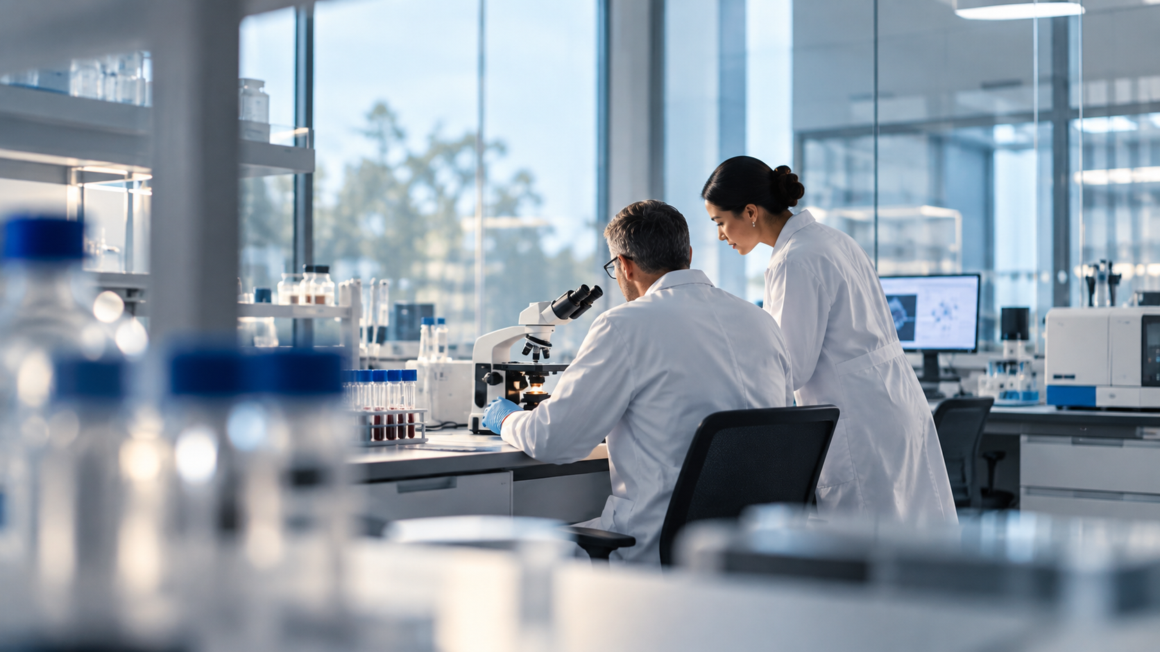 Two scientists reviewing samples at a microscope in the lab